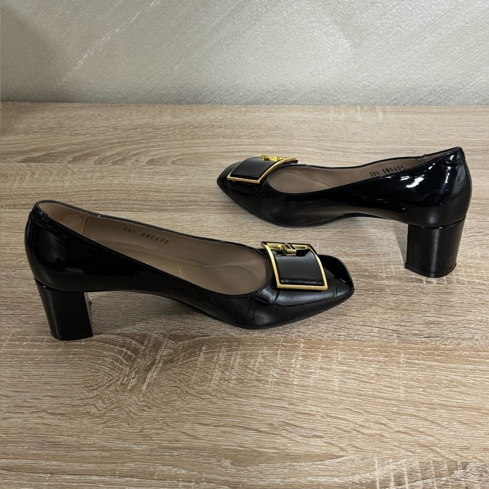 Bruno Magli Size 38.5 US 7.5 Black Patent Leather Block Heel Shoes Buckle - Picture 11 of 16